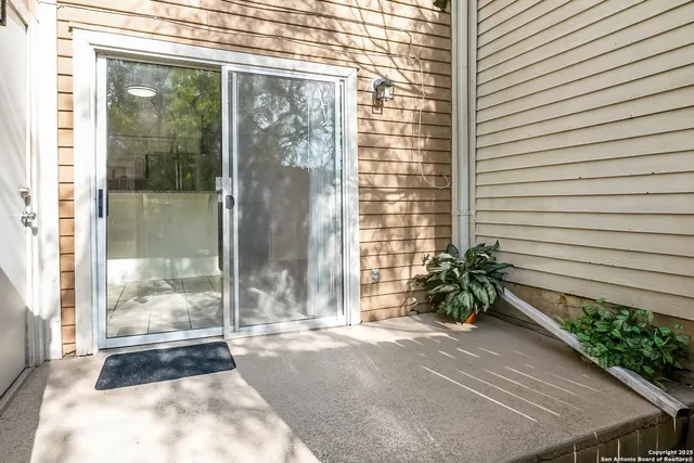 a potted plant sitting in front of a glass door