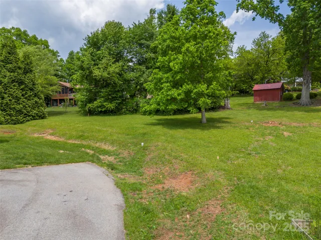 a view of a backyard with table and chairs potted plants and large tree