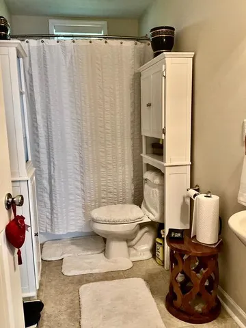 a bathroom with a toilet and a shower curtain