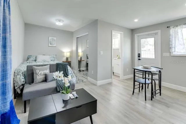 a living room with furniture potted plant and wooden floor