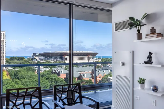 a view of a city from a dining room