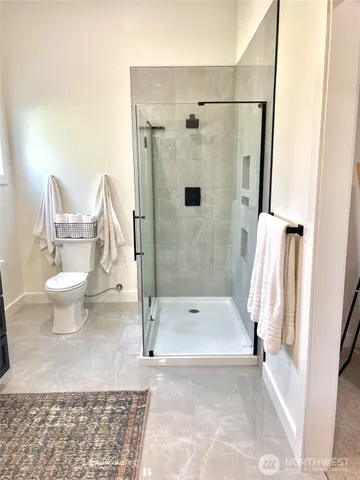 a bathroom with a shower a toilet and a shower