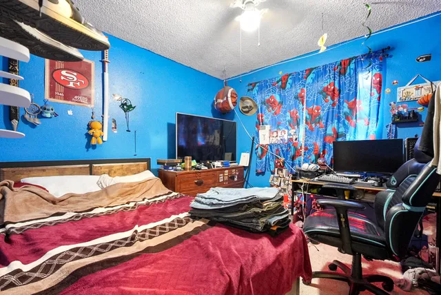 a bedroom with a bed and a flat screen tv