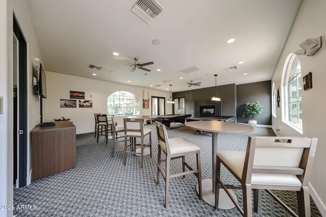 a view of a dining room with furniture
