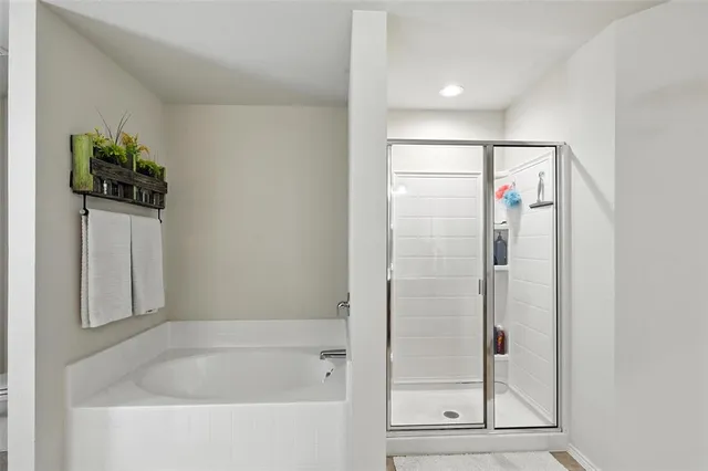 a bathroom with a bathtub and a shower