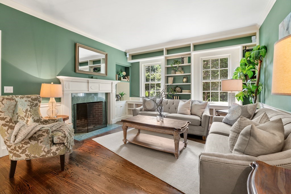 1 Rocky Ridge Road Dedham, MA 02026 - Photo 13 of 38 a living room with furniture and a fireplace