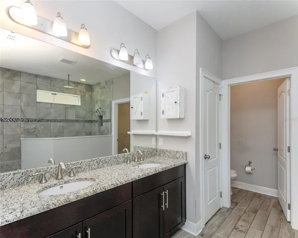 a bathroom with a granite countertop sink and a mirror
