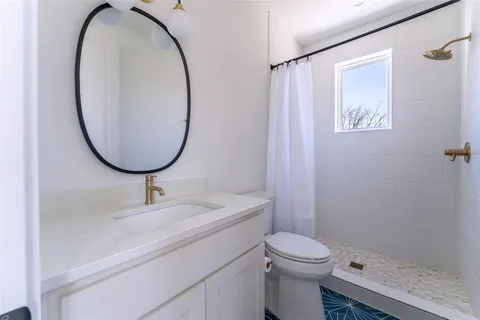 a bathroom with a sink a mirror a toilet and a shower