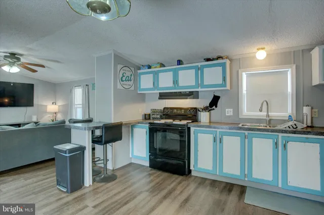 a kitchen with a sink cabinets and wooden floor