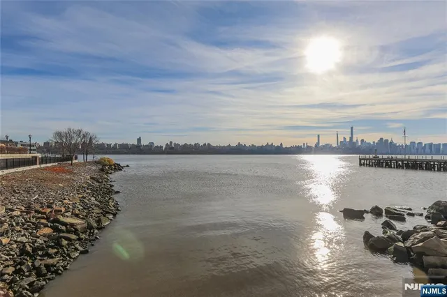 a view of a lake with a city