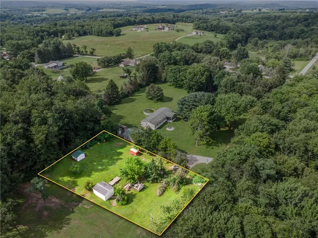 an aerial view of green landscape with trees houses and lake view