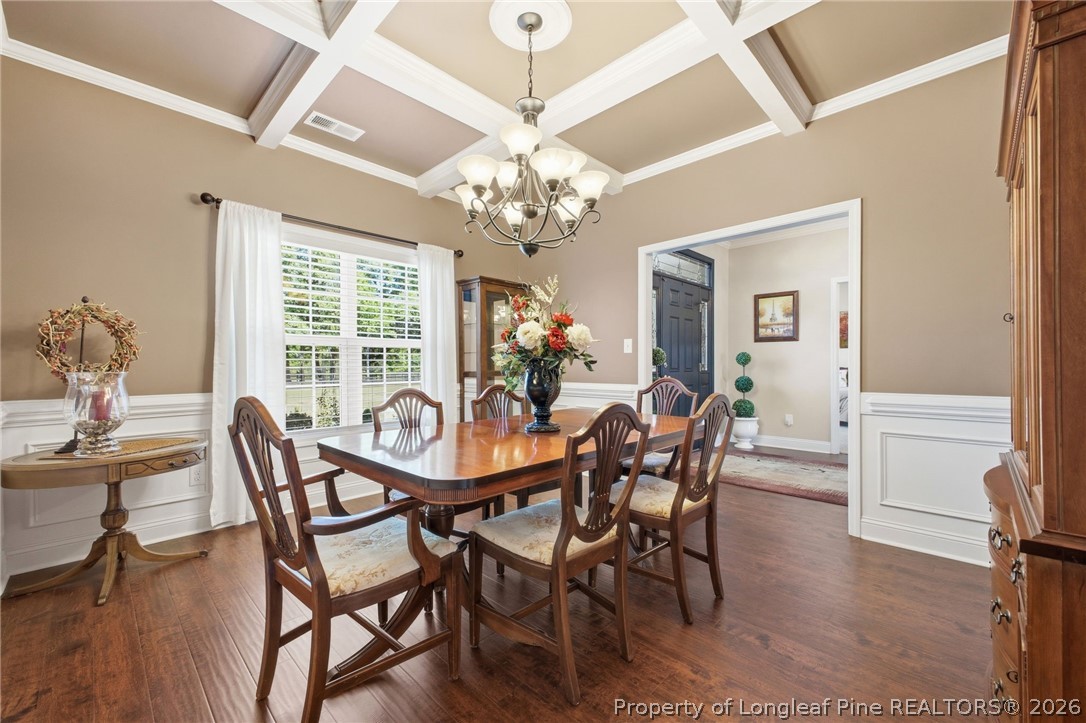 2589 June Johnson Road Raeford, NC 28376 - Photo 24 of 49 a dining room with furniture a chandelier and wooden floor
