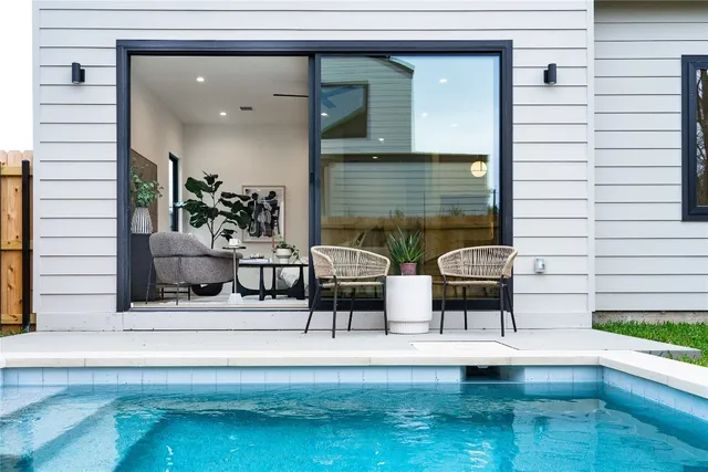 a building outdoor space with patio furniture