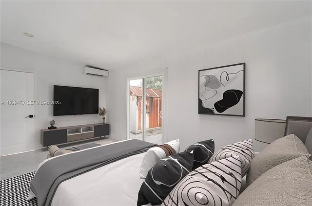 a bedroom with a bed and a flat screen tv