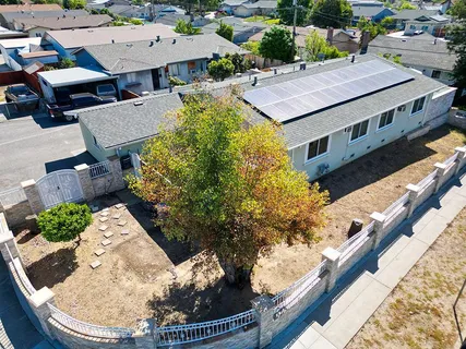 an aerial view of a house with a yard potted plants and large trees