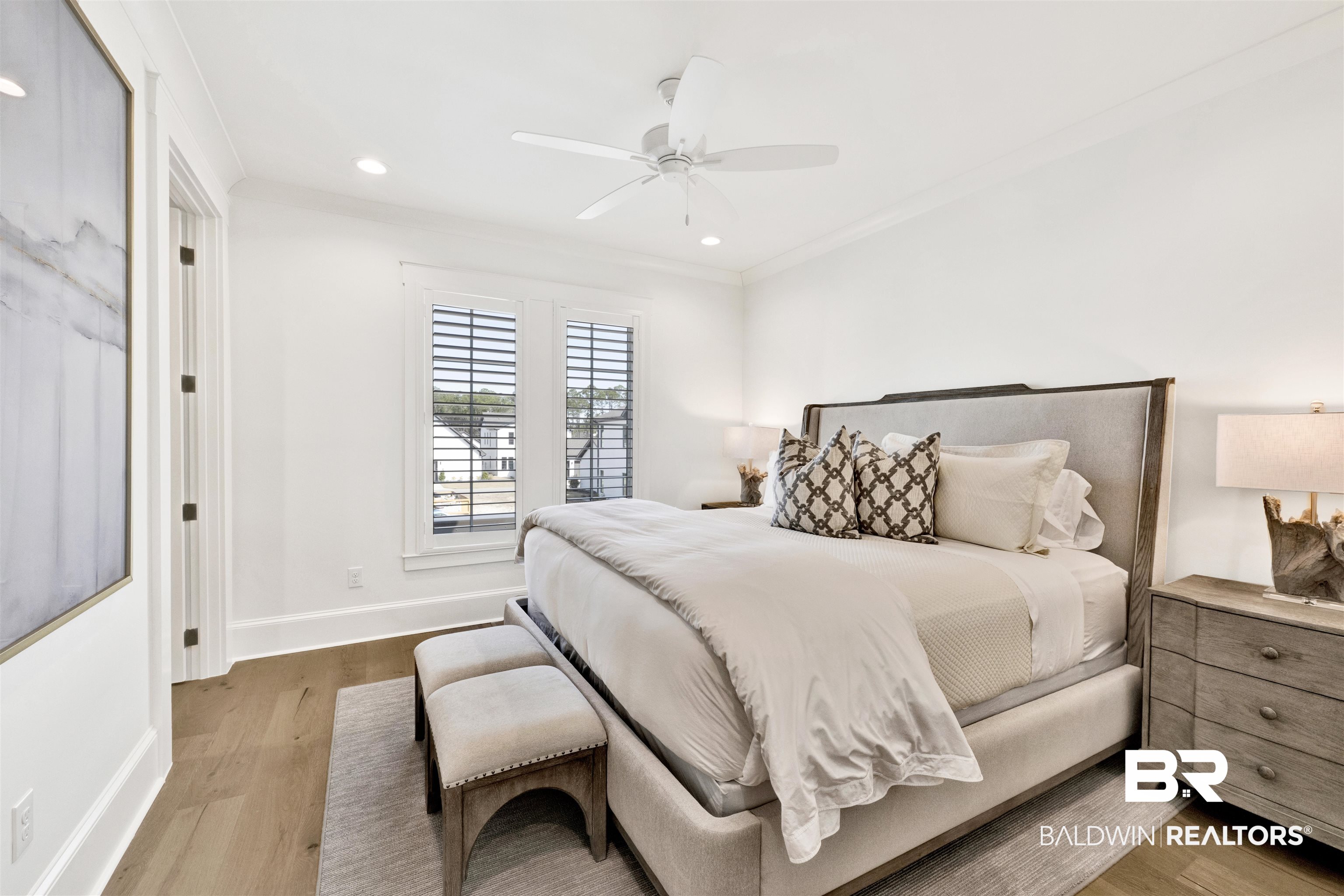 861 Inlet Circle Gulf Shores, AL 36542 - Photo 29 of 54 Bedroom with light wood-type flooring, ornamental molding, ceiling fan, and recessed lighting