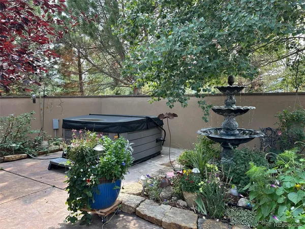 a garden view with a seating space