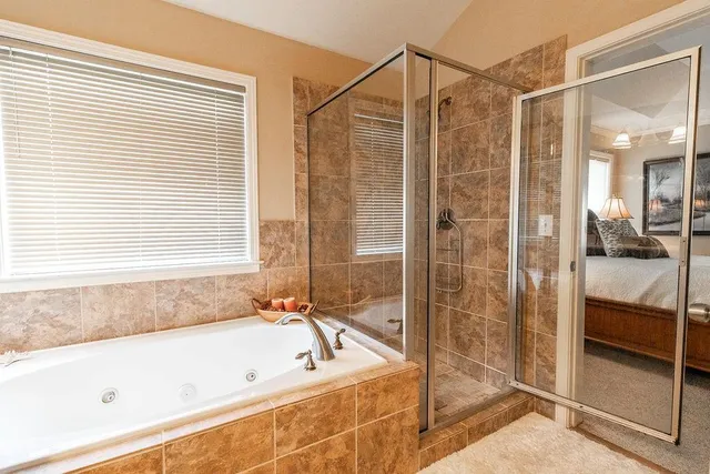 a bathroom with a bathtub and a shower