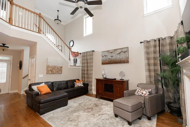 a living room with furniture and a potted plant