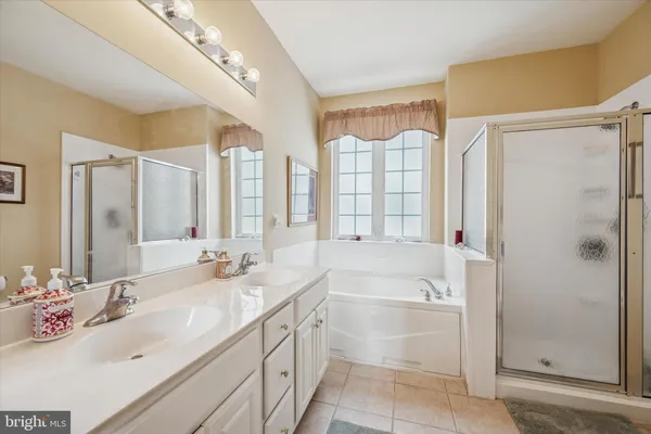 a bathroom with a double vanity sink mirror double and a bathtub