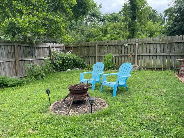 a garden view with a seating space