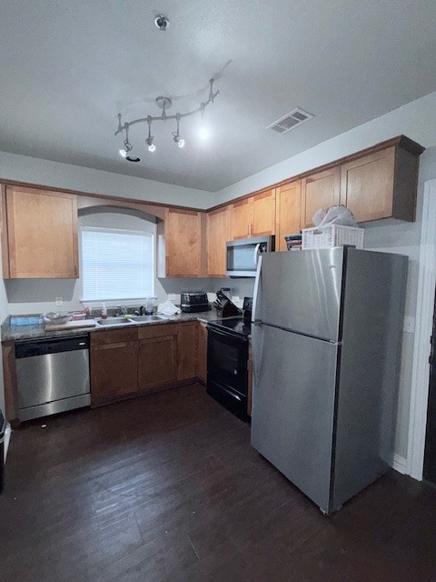 2410 2nd Street South, Unit 416 Waco, TX 76706 - Photo 10 of 40 a kitchen with granite countertop a refrigerator and a sink