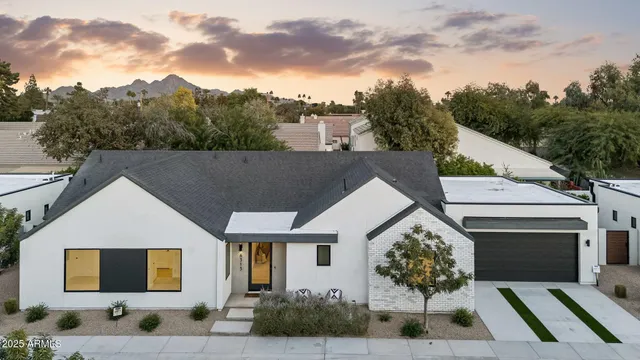 a aerial view of a house with a yard and potted plants