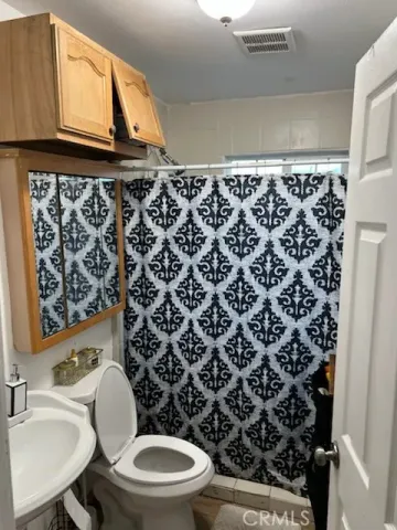 a bathroom with a sink a toilet a mirror and shower curtain