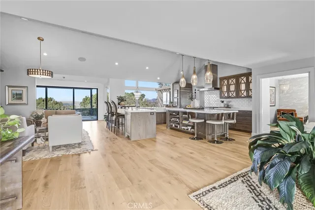 a living room with furniture and a dining table with kitchen view