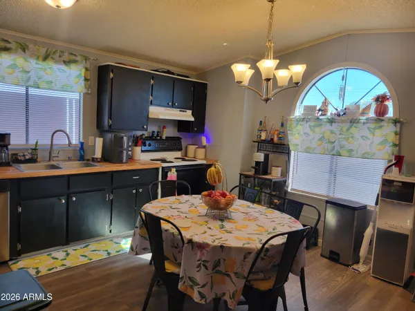 a view of a dining room with furniture