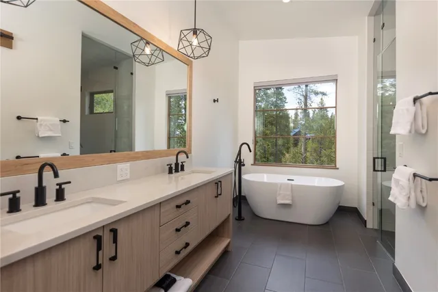 a bathroom with a double vanity sink large mirror and bathtub