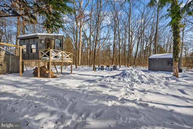 a view of a house with a yard covered with snow and trees