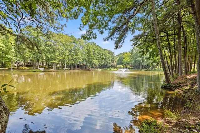 a view of a lake with houses in the background