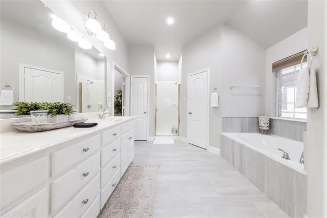 a spacious bathroom with a double vanity sink a large mirror a bathtub and shower