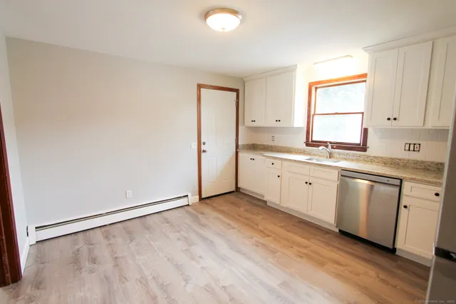 a view of a kitchen with sink and dishwasher with wooden floor
