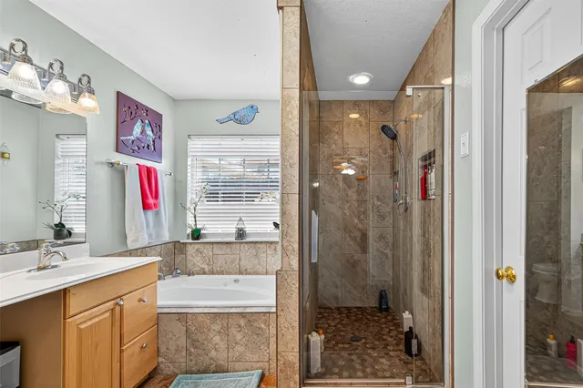 a bathroom with a granite countertop sink a large mirror and a bathtub