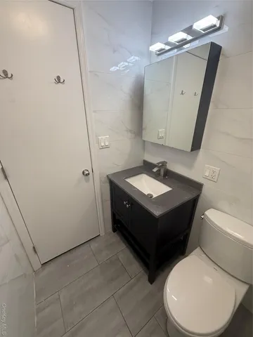 a bathroom with a sink toilet and mirror