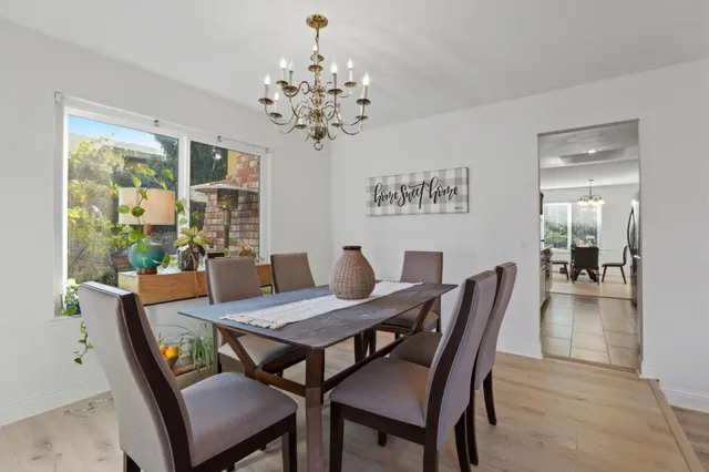 a view of a dining room with furniture window and outside view