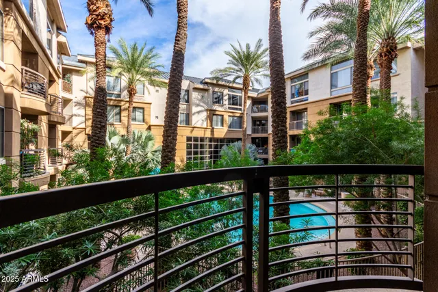 a view of a building from a balcony