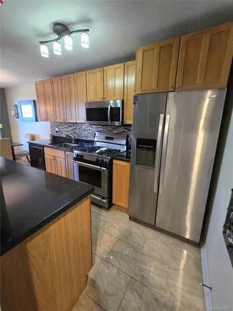 a kitchen with stainless steel appliances granite countertop a refrigerator a stove a sink dishwasher and a refrigerator