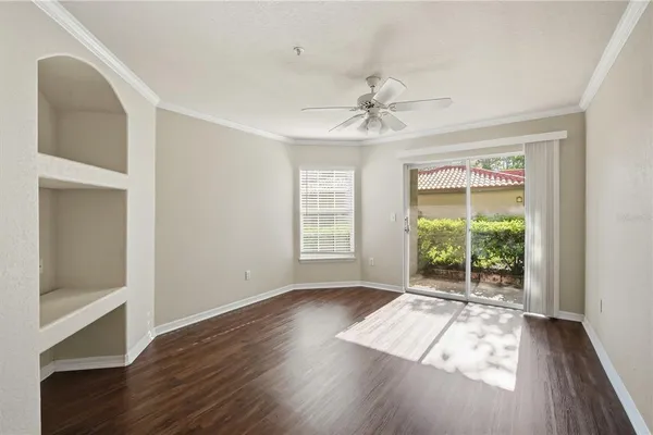 a view of a livingroom with wooden floor