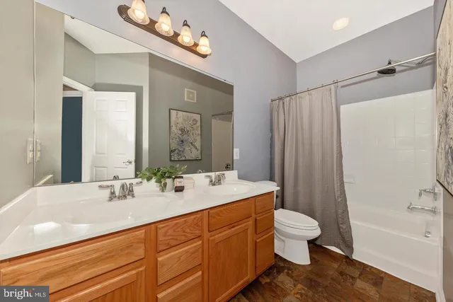 a bathroom with a double vanity sink toilet mirror and bathtub