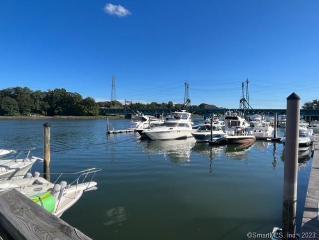 a view of a lake with boats and trees in the background