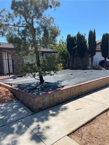a view of a park with large trees