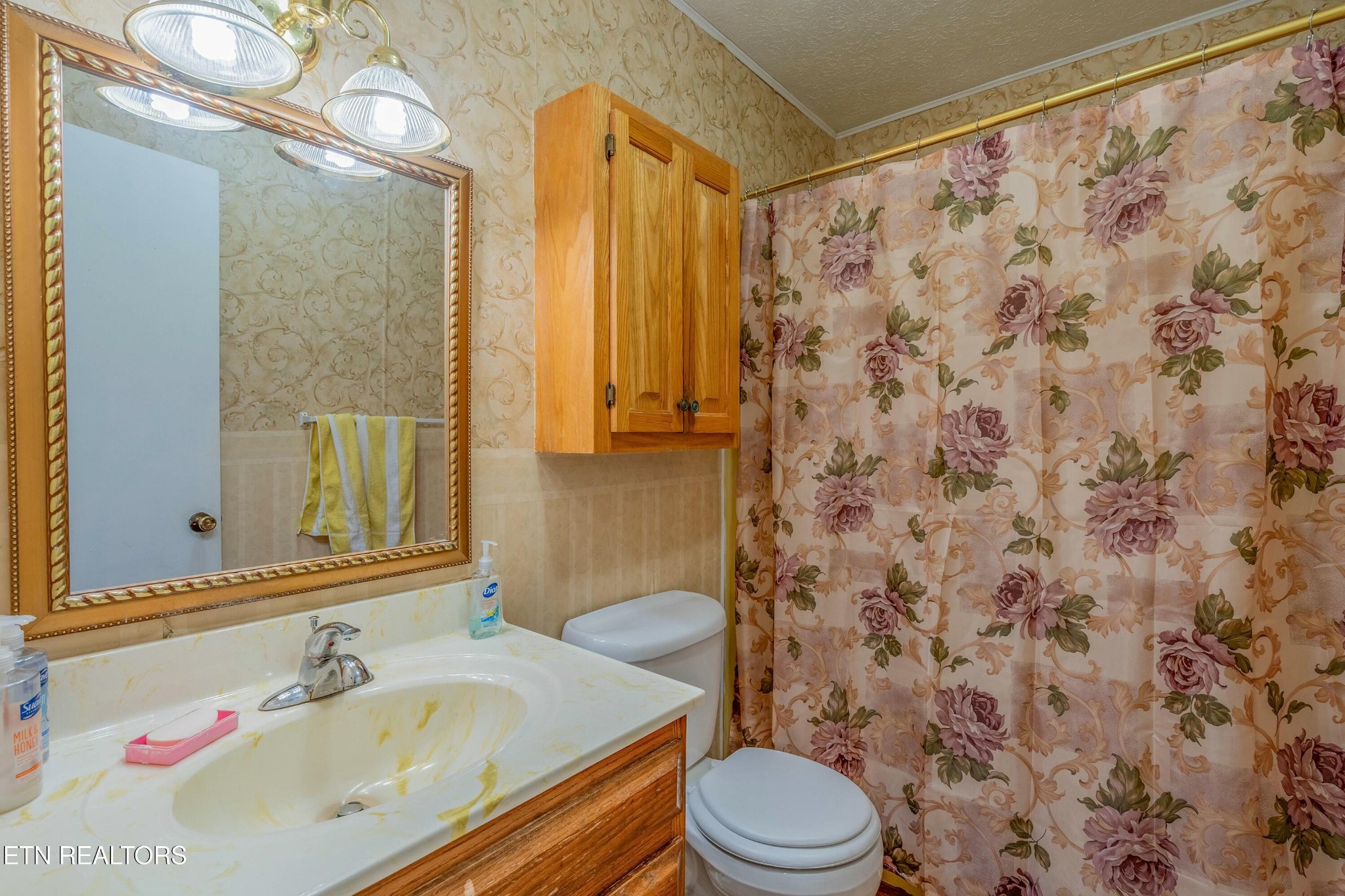 1747 Fairview Road Oliver Springs, TN 37840 - Photo 9 of 20 a bathroom with a sink a toilet and shower curtain