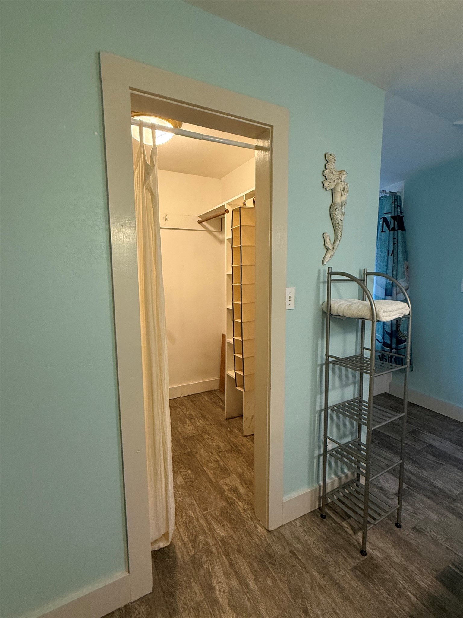 363 Porter Road Bastrop, TX 78602 - Photo 21 of 37 An organized walk-in closet sits just off the bedroom with wood-look flooring throughout.