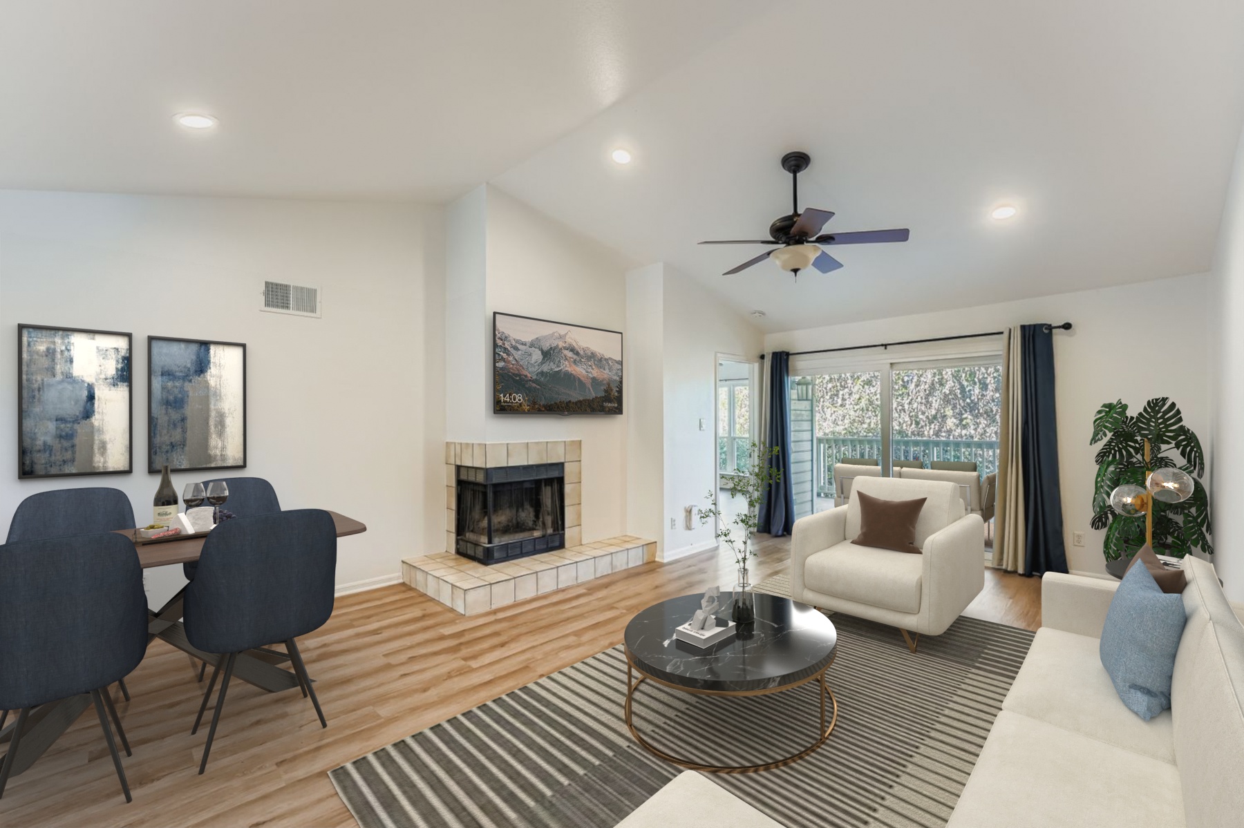 a living room with furniture and a fireplace