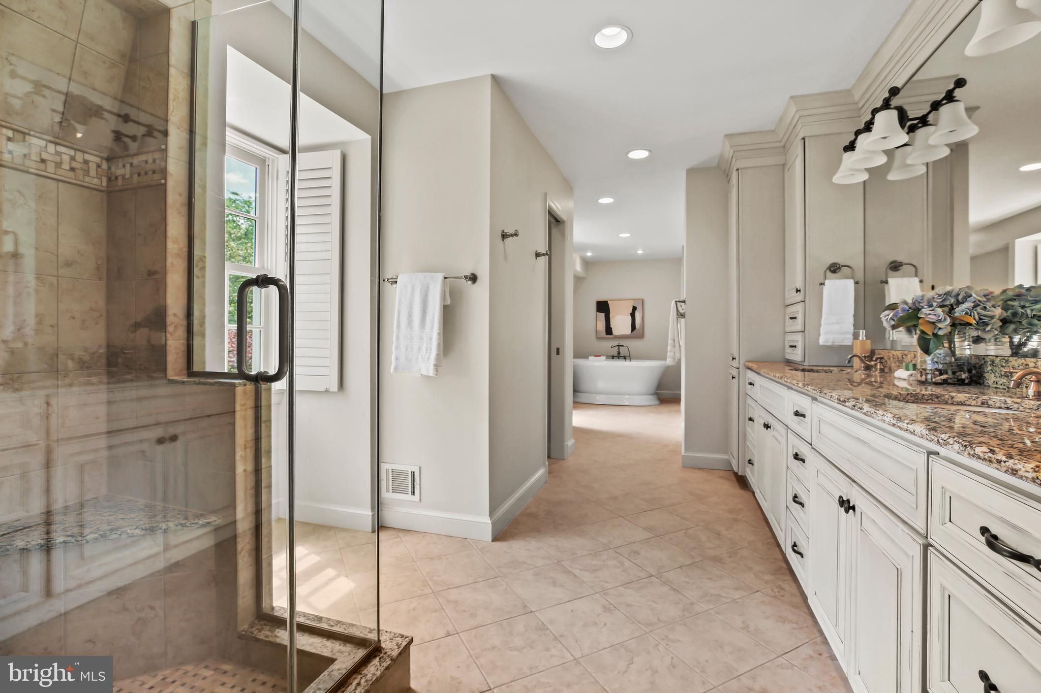 7125 Darby Road Bethesda, MD 20817 - Photo 39 of 64 a spacious bathroom with a granite countertop sink mirror and shower