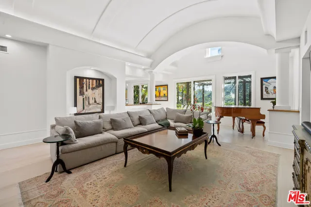 a living room with furniture and a potted plant