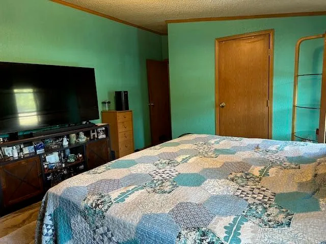 a bedroom with a bed and a flat screen tv